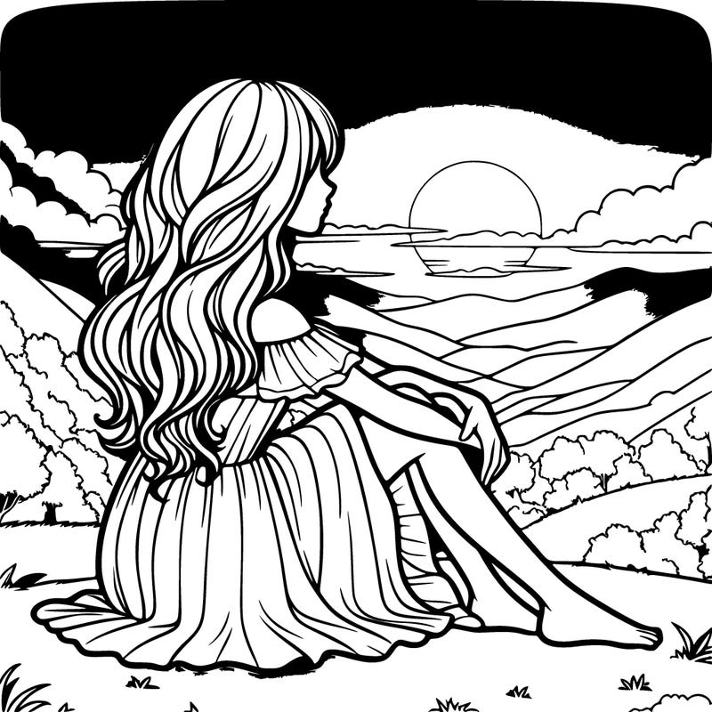 realistic girl sitting on a realistic hill with a realistic sunset