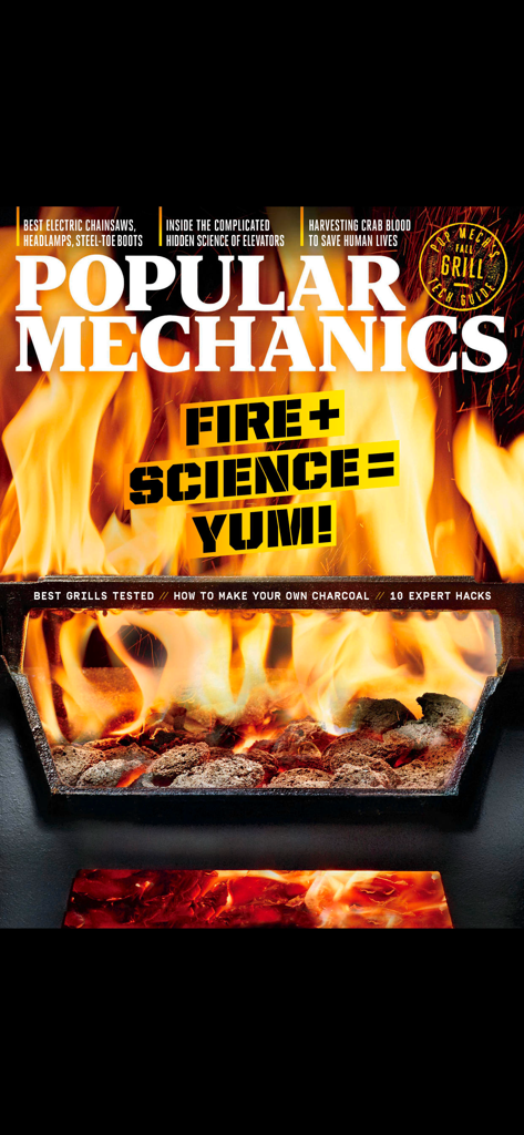 Popular Mechanics Magazine US - Popular Mechanics magazine cover featuring a flaming charcoal grill and DIY tech articles.