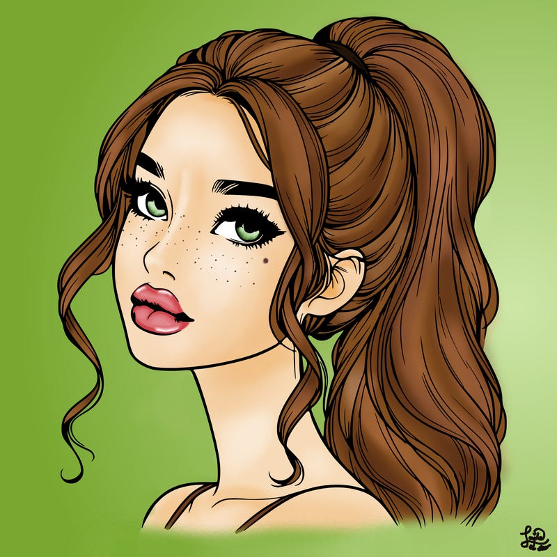 realistic girl with a ponytail on her hair and lips