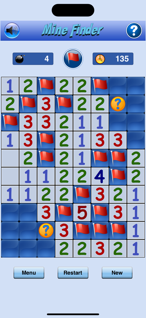 A classic Minesweeper game board with red flags and numbers on a grid