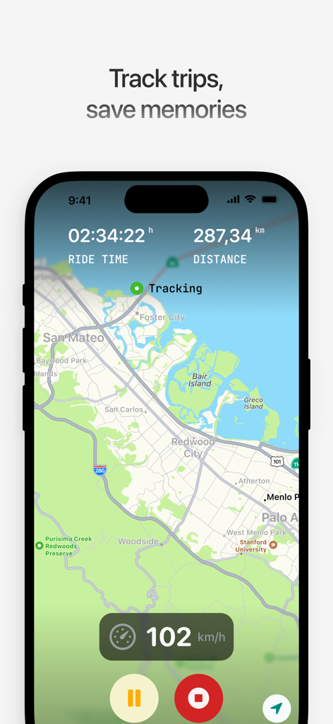 MotoTrail app screen showing a motorcycle trip being tracked on a map with speed and distance metrics