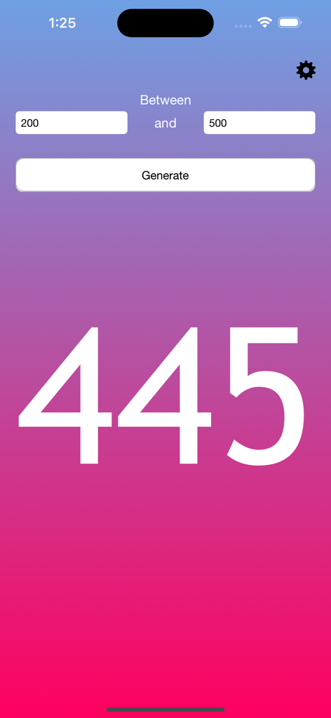 The Random Number Generator - A interface do aplicativo The Random Number Generator mostrando um resultado de número aleatório em um fundo gradiente roxo