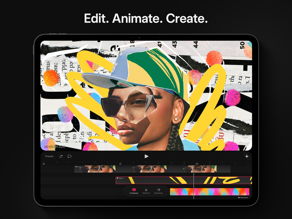 App Procreate Dreams su iPad che mostra una timeline di animazione multi-traccia con un artwork collage multimediale.
