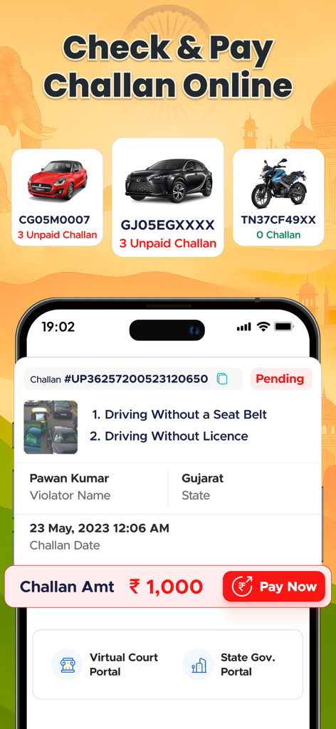 Screenshot of the Vehicleinfo app showing the feature to check and pay traffic challans online with detailed violation info and payment button