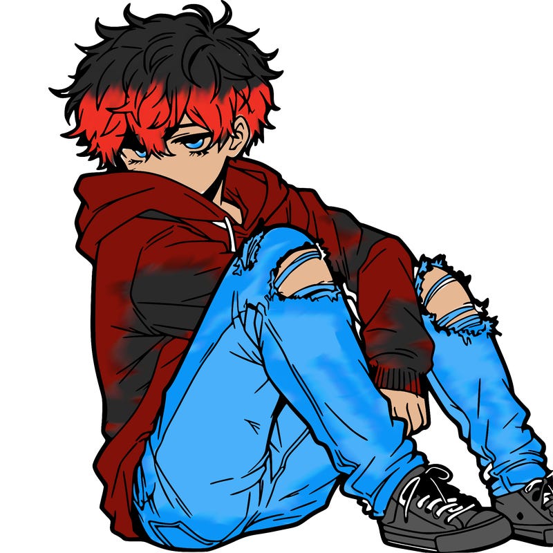 a male hoddie ripped jeans messy hair anime