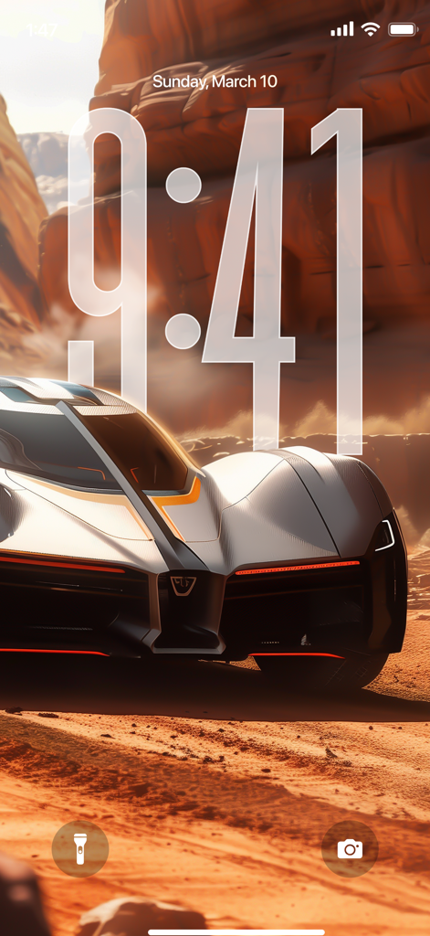 Wallpapers 4K HD Live Themes - A futuristic silver supercar in a desert canyon displayed on an iPhone lock screen.