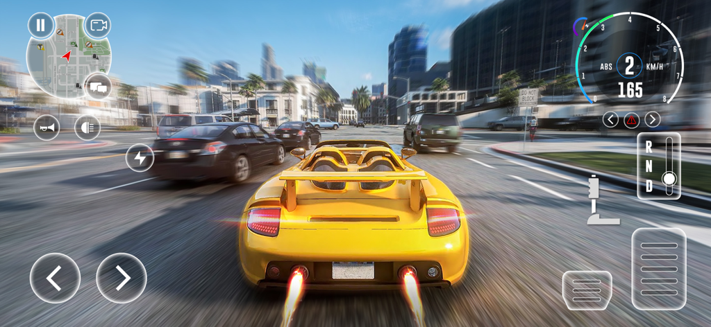 Car Driving City 3D Simulator - Auto deportivo amarillo conduciendo por una calle de ciudad concurrida con tráfico y rascacielos