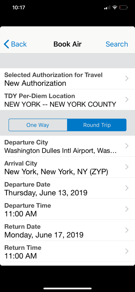 ConcurGov mobile app screen for booking a flight with government travel authorization