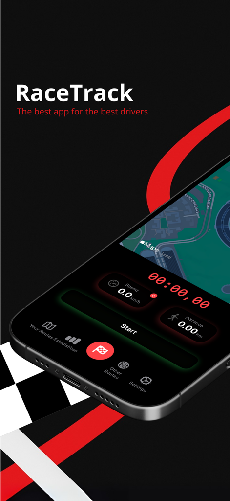 Interfaccia dell'app RaceTrack che mostra statistiche di guida in tempo reale e tracciamento della mappa