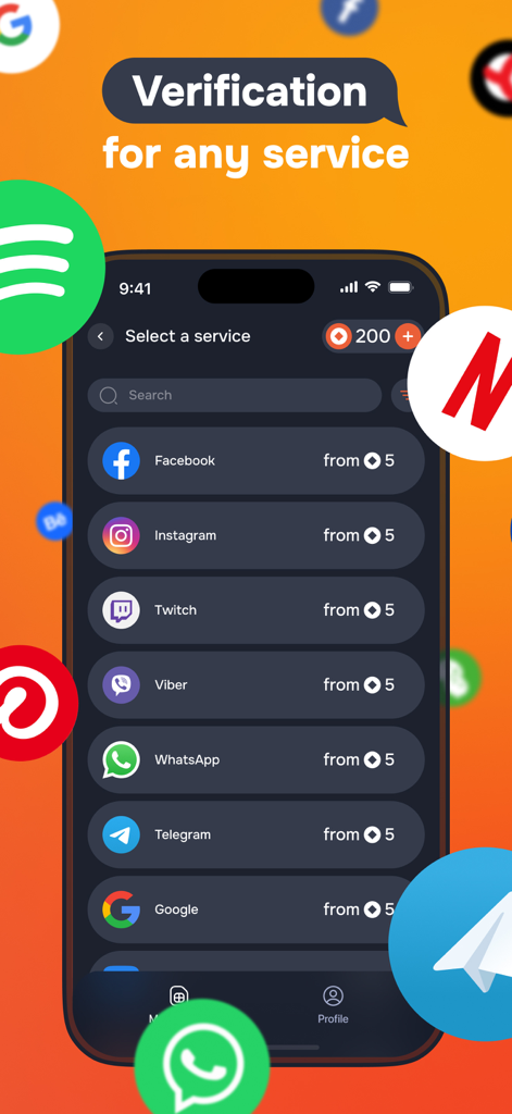 Virtual SIM: SMS activate - Interface do aplicativo Virtual SIM mostrando uma lista de serviços disponíveis para verificação de SMS, incluindo WhatsApp e Telegram