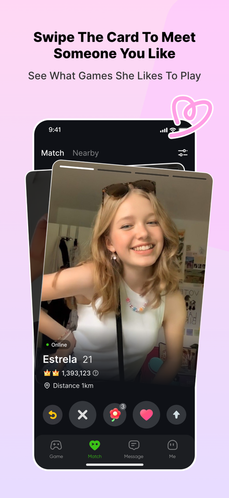 Alii app match screen interface showing a user profile card with options to swipe right and meet new friends through gaming