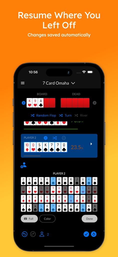 Poker Geek Odds Pro - A mobile app screen for Poker Geek Odds Pro showing a 7 card Omaha hand analysis with equity percentages and a card selection keyboard.