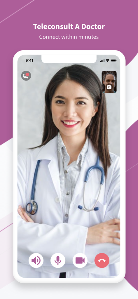 Minmed Connect - A video call screen on a smartphone showing a female doctor for an online medical consultation.