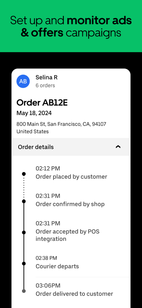 Uber Eats Manager - Interfaz de la aplicación Uber Eats Manager que muestra una línea de tiempo detallada del pedido, desde la colocación hasta la entrega al cliente