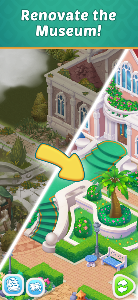 Mansion Tale: Merge Secrets - Before and after comparison of a renovated museum in Mansion Tale Merge Secrets