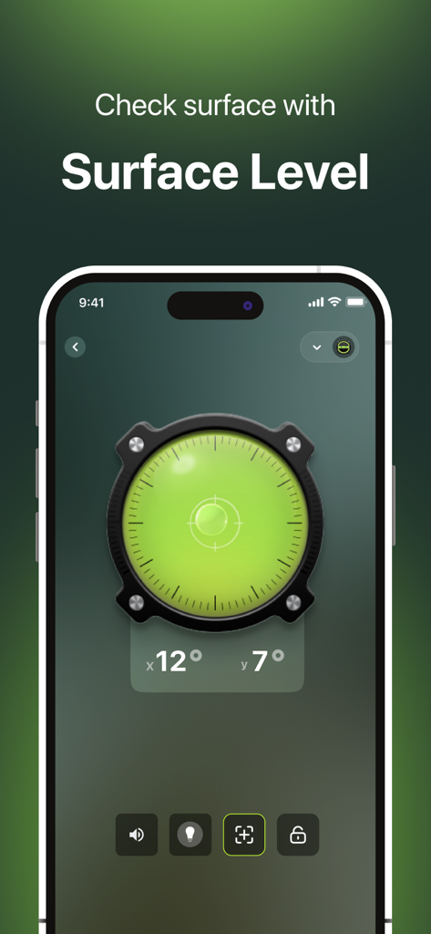 Bubble Level for iPhone - x軸とy軸の度数測定値とともに緑色の円形バブルを表示するiPhone画面上の表面レベリングツール