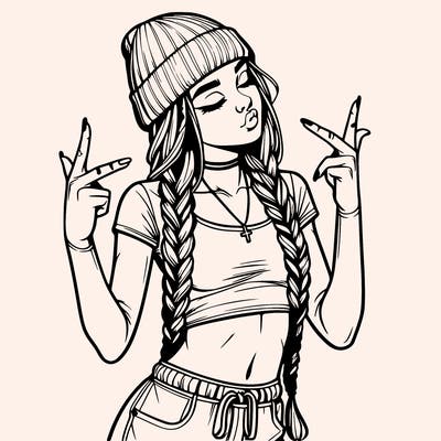 realistic teenage girl with braids and a beanie and crop top doing 🫶🏼