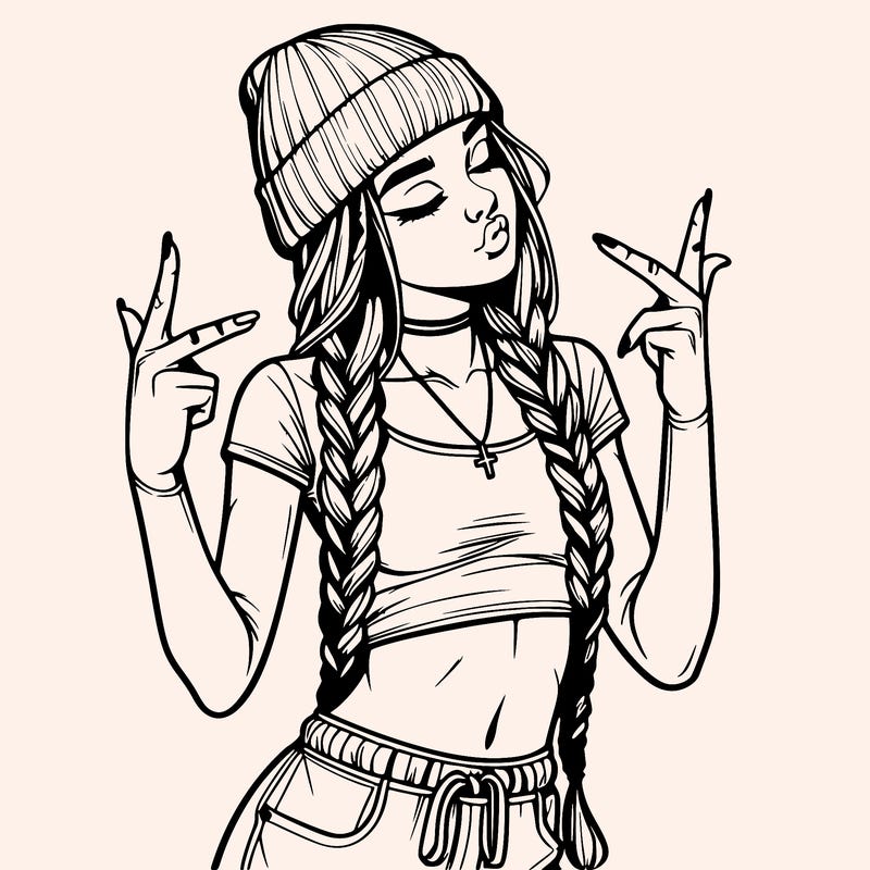 realistic teenage girl with braids and a beanie and crop top doing 🫶🏼