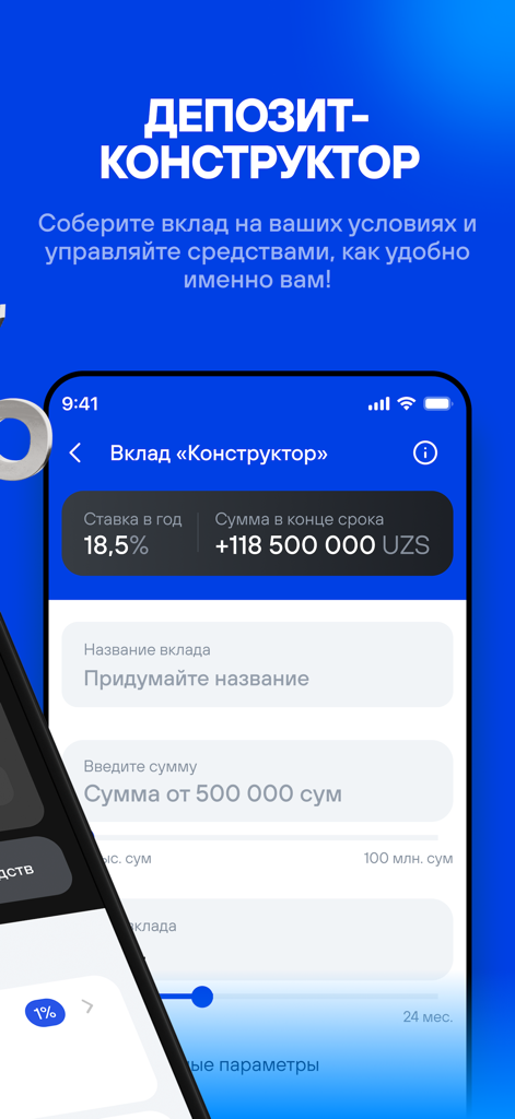 Alliance Pay - Alliance Pay app interface showing the custom deposit constructor feature with an 18.5 percent interest rate.