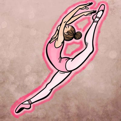 gymnast doing a leap in a leotard with a bent back leg