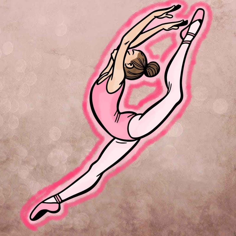 gymnast doing a leap in a leotard with a bent back leg