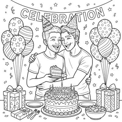 Embrace the joy of a special birthday with this delightful coloring page featuring a loving same-sex couple. Bursting with festive cheer, it's a wonderful way to celebrate love and creativity.
