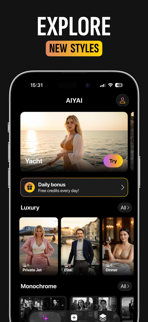 AIYAI - AI Photo & Video Maker - Explore screen of the AIYAI app showing luxury and monochrome AI photo styles for social media creators.
