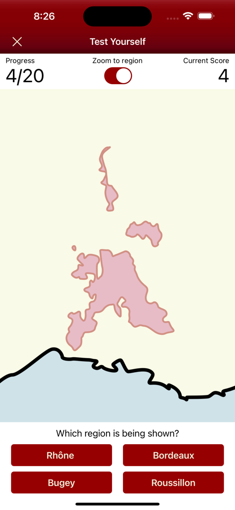 Capture d'écran du quiz d'identification des régions viticoles « Testez vos connaissances » dans l'application Wine Maps