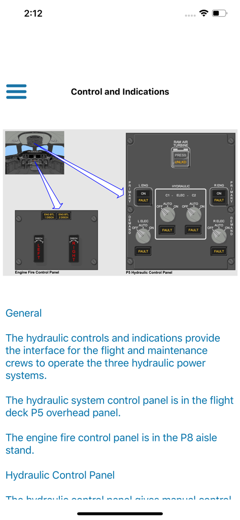 Technical overview of the Boeing 787 hydraulic and engine fire control panels in the 787 Handbook app
