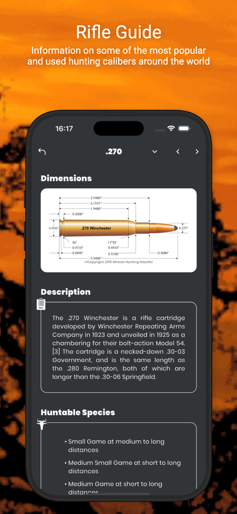 International Hunters - Technical specifications for the 270 Winchester caliber in the International Hunters app rifle guide.