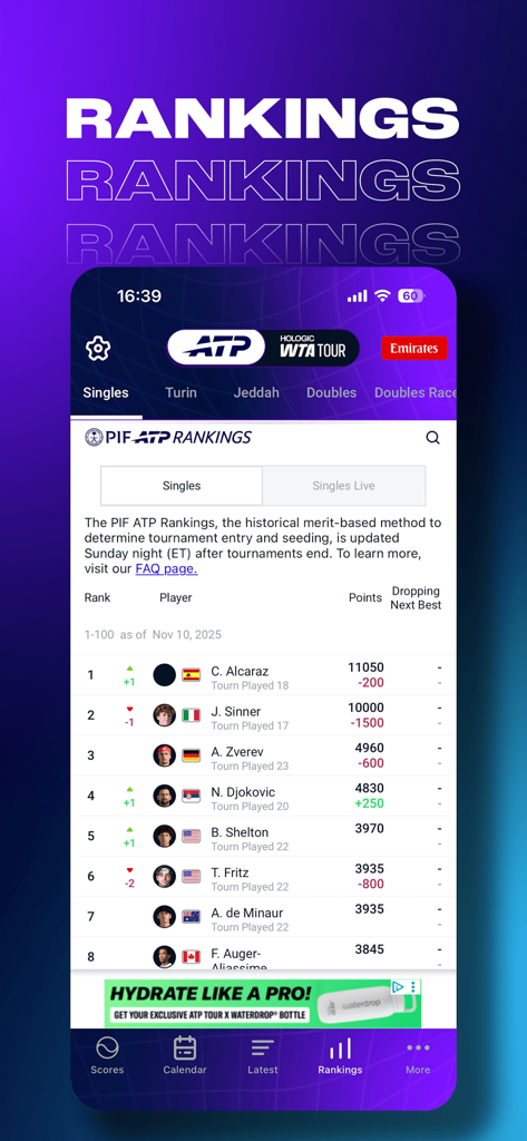 Offizielle ATP-Einzel-Tennisspieler-Rangliste in der mobilen ATP WTA Live App