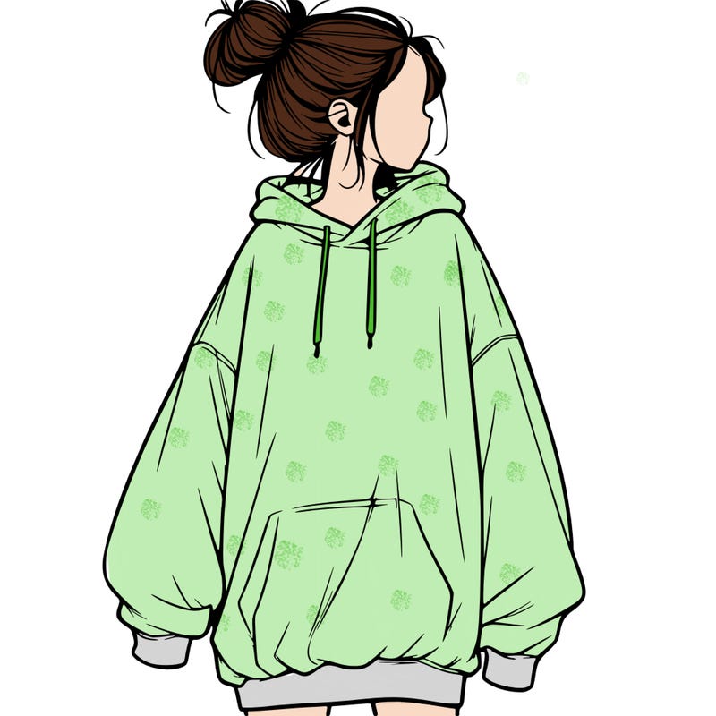 realistic girl with a oversized sweatshirt on and a bun