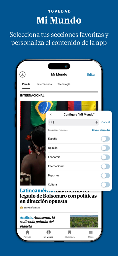 El Mundo - Diario online - Screenshot of El Mundo app featuring the Mi Mundo section for customizing news categories