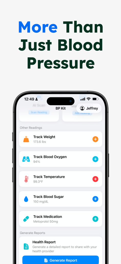 Écran de smartphone affichant l'interface de l'application BP Kit pour le suivi du poids, de la saturation en oxygène, de la température, de la glycémie et des médicaments