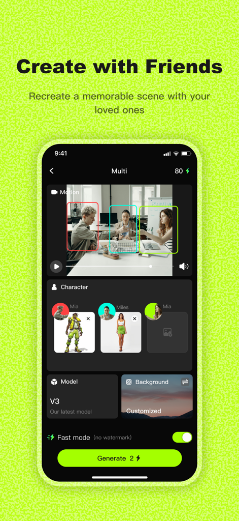 Viggle AI: Meme Maker - Interface do aplicativo Viggle AI mostrando o recurso Multi para substituir vários personagens em uma cena de vídeo por avatares de IA