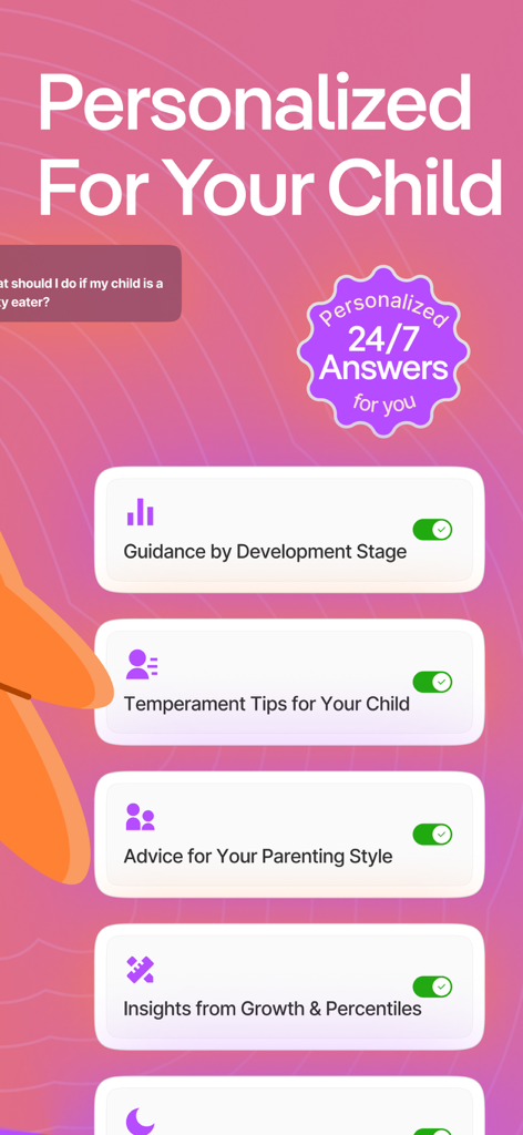 A mobile app screen for Yuppo showing personalized parenting options like development stage guidance and child temperament tips