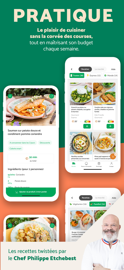 Quitoque : box repas maison - Quitoque mobile app showing recipe selection and Chef Philippe Etchebest