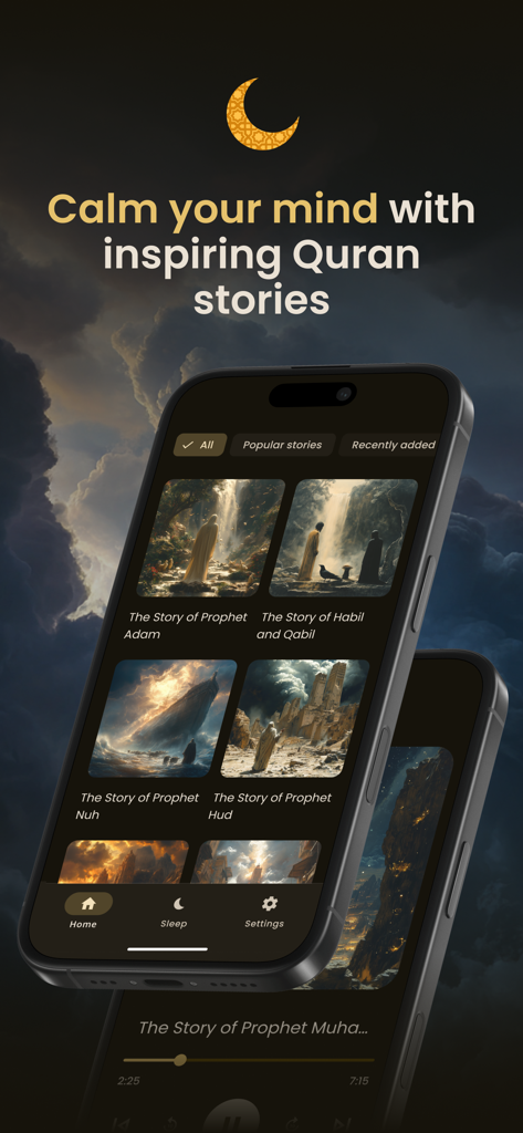 Ayatique app interface featuring a library of narrated Quran stories with beautiful illustrations on a dark background.