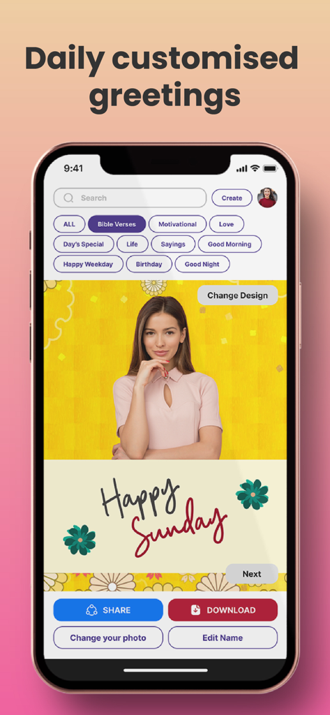 A phone displaying the Crafto app interface with a personalized Happy Sunday greeting and a user photo.