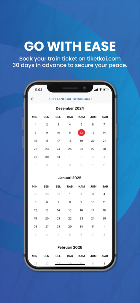 Tiket Kereta Api Online - Interfaz de una aplicación móvil que muestra un calendario para reservar billetes de tren de Indonesia con antelación