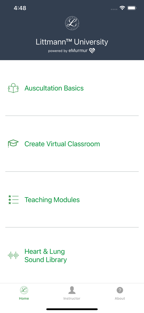 Menú principal de la aplicación Littmann University que muestra módulos educativos para la auscultación médica.