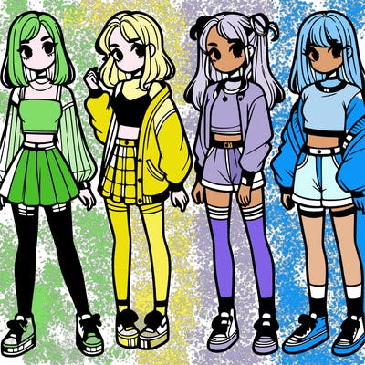 one girl with crop-top shirt and a jacket with a skirt, long socks and another girl with a shirt and pants with a jacket