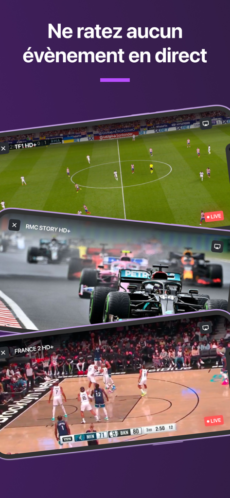 IPTV Smarter Player Pro - IPTV Smarter Player Pro mobile Oberfläche, die Live-Fußball-, Renn- und Basketball-Streams anzeigt