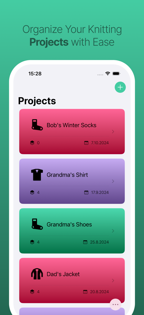 The Yarnify app showing a list of organized knitting and crochet projects on an iPhone screen.