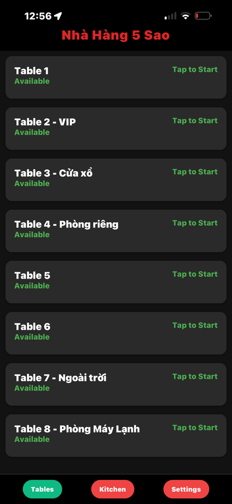 Un écran d'application de gestion de restaurant affichant une liste de tables et leur statut de disponibilité.