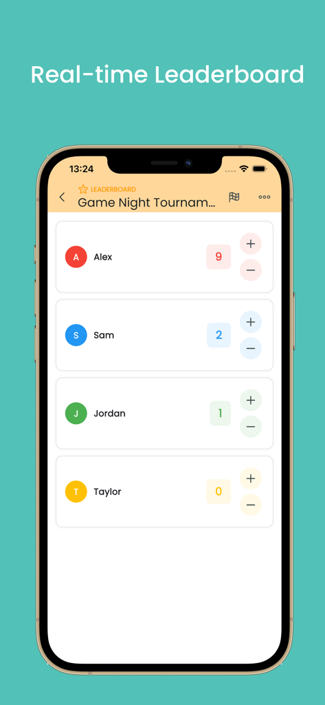 Score Counter - Score Keeper - A real-time leaderboard on the ScoreBoardly app displaying scores for players during a game night tournament