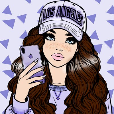 realistic beautiful girl wearing los ángeles cap holding an iphone