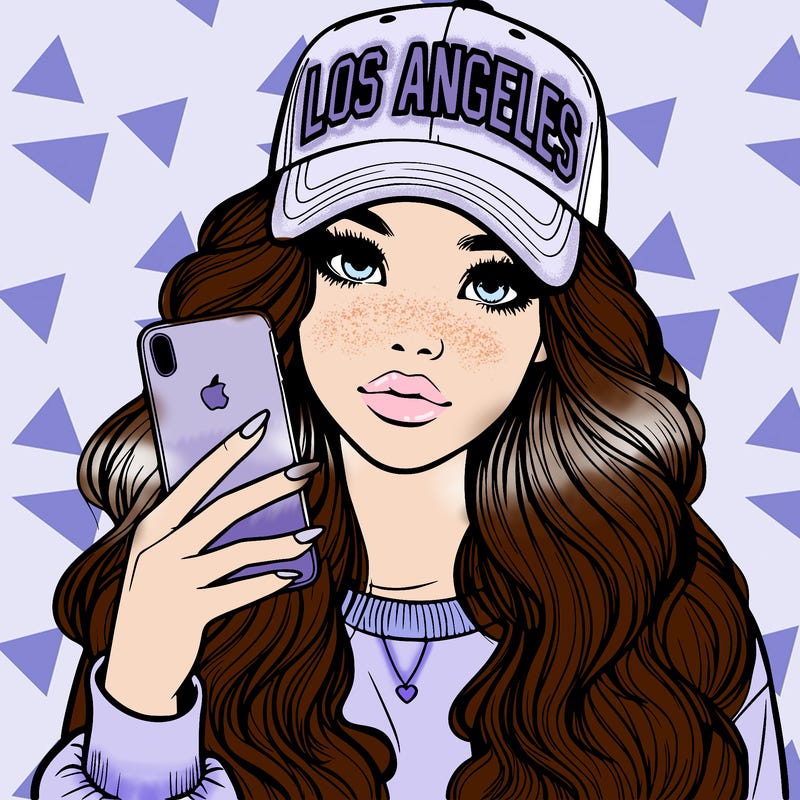realistic beautiful girl wearing los ángeles cap holding an iphone