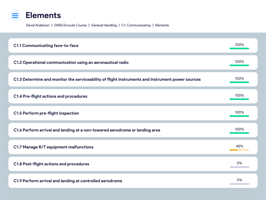 An iPad app interface displaying a list of training elements for a GNSS Enroute Course with completion percentages and progress bars for a student.