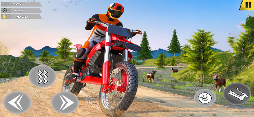 Off-road Dirt Bike Racing Game - Un motard de motocross sur un chemin de terre avec des collines vertes et des chèvres dans un jeu de course mobile.